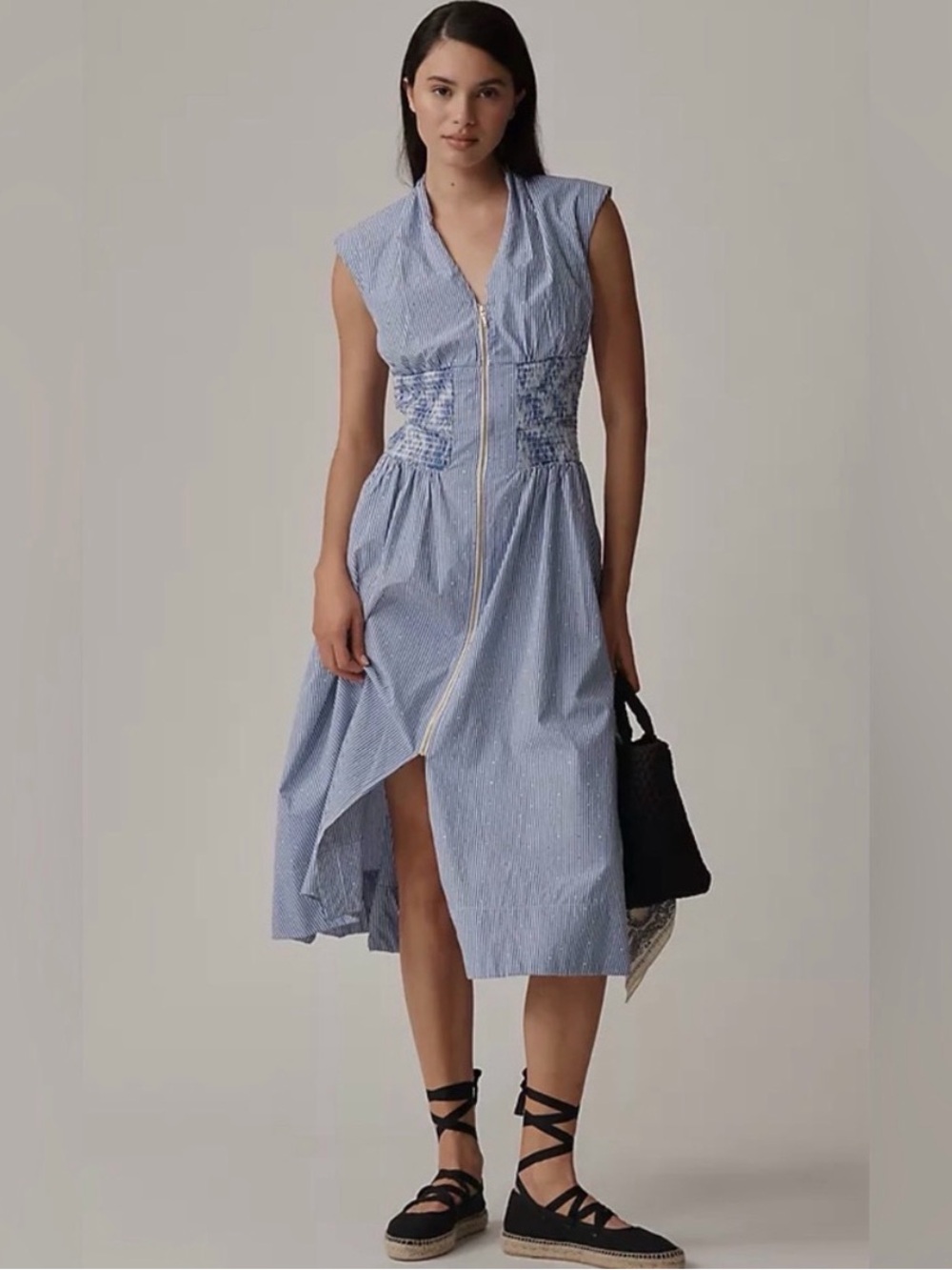 The Tommie Cap-Sleeve Smocked Front-Zip Shirt Dress: Shine Edition
